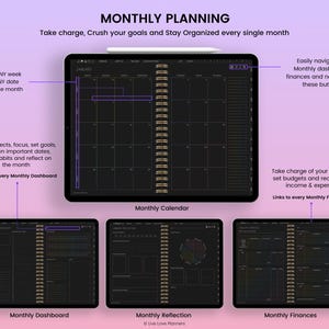 K&ouml;nnte beinhalten: Ein digitaler Planer mit dunklem Hintergrund und goldenen Akzenten. Der Planer enth&auml;lt einen Monatskalender, ein monatliches Dashboard, einen Abschnitt f&uuml;r monatliche Reflexionen und einen Abschnitt f&uuml;r monatliche Finanzen. Der Planer soll Benutzern helfen, organisiert zu bleiben und ihre Ziele zu verfolgen.