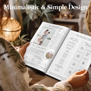 May include: A person holding a wedding planner with the text "Minimalistic & Simple Design" at the top. The planner has photos and text about the wedding day, including "Our Story" and "The Details". The planner is open to a double-page spread.