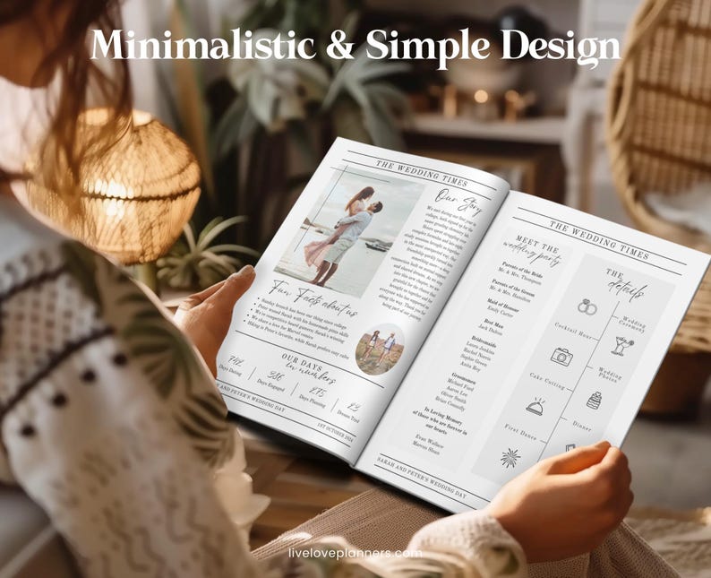May include: A person holding a wedding planner with the text "Minimalistic & Simple Design" at the top. The planner has photos and text about the wedding day, including "Our Story" and "The Details". The planner is open to a double-page spread.
