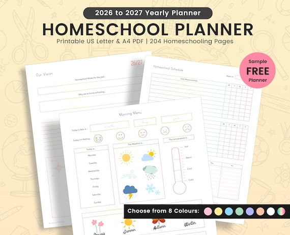 Printable Homeschool Planner 2026-2027: US Letter & A4 (Digital Download)
