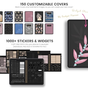 May include: A black digital planner cover with a pink floral design and the text "My Budget Planner" and "Budget Planner" in gold lettering. The cover is part of a set of 150 customisable covers and 1000+ stickers and widgets.