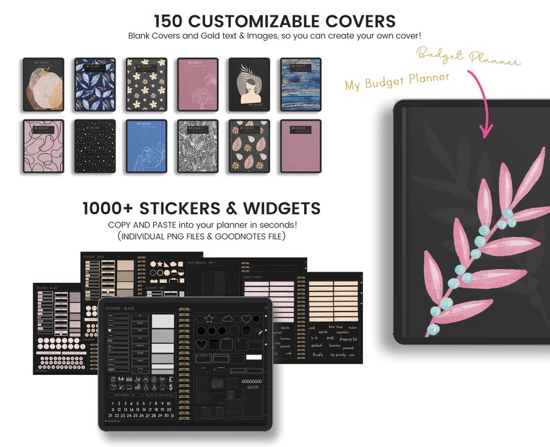 May include: A black digital planner cover with a pink floral design and the text "My Budget Planner" and "Budget Planner" in gold lettering. The cover is part of a set of 150 customisable covers and 1000+ stickers and widgets.