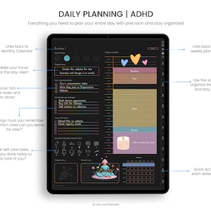May include: A digital planner app for people with ADHD. The app features a daily schedule, a to-do list, and a self-care section. The app is designed to help people stay organized and on track.