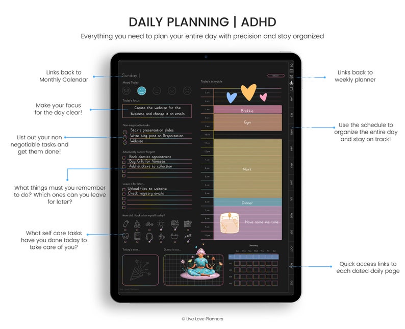 May include: A digital planner app for people with ADHD. The app features a daily schedule, a to-do list, and a self-care section. The app is designed to help people stay organized and on track.