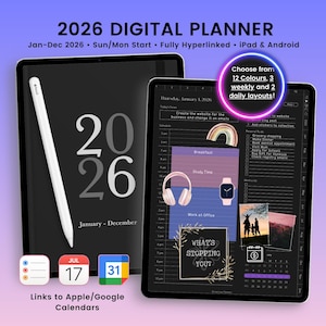 2026年デジタルプランナー、2026年ジャーナル、2026年用ダークモードデジタルプランナー、2026年ダイアリーダークスクリーン、ポートレートプランナー、Goodnotes、iPadおよびタブレット