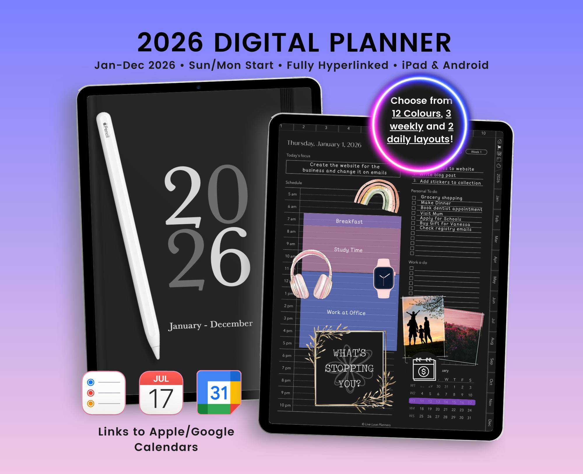2026 Digital Planner, 2026 Journal, Dark Mode Digital Planner for 2026 ...