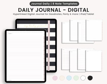 Może przedstawiać: Cyfrowy dziennik codzienny wyświetlany na tablecie, z liniowanymi stronami i czarno-białą okładką w paski. Tekst brzmi "DAILY JOURNAL - DIGITAL" i "my daily journal". Zawiera 8 szablonów notatek.