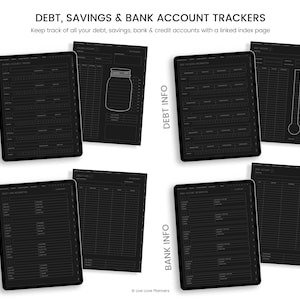 May include: Black and white printable budget tracker pages for credit cards, savings, debt, and bank accounts. The pages are designed to help you keep track of your finances. The pages are labelled with the words "Credit Cards", "Savings", "Debt Info", and "Bank Info".