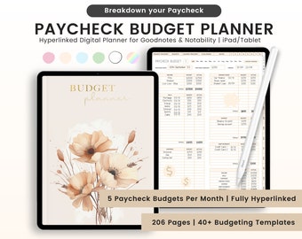 Puede incluir: Un planificador digital para presupuestar en un iPad. El planificador tiene un diseño floral con un fondo marrón claro. El texto "PAYCHECK BUDGET PLANNER" está en la parte superior de la pantalla. El texto "5 Paycheck Budgets Per Month | Fully Hyperlinked" está en la parte inferior de la pantalla. El texto "206 Pages | 40+ Budgeting Templates" está en la parte inferior de la pantalla.