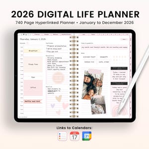 May include: A digital life planner for 2026 displayed on a tablet. The planner features a pink and white design with a spiral binding. The screen shows a daily schedule, to-do lists, and links to calendars. A white stylus rests on the right side.