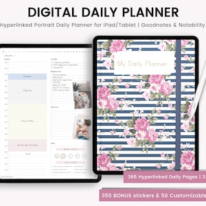 May include: A digital daily planner app for iPad and tablet devices. The app features a floral design with pink roses and white stripes on a blue background. The app is compatible with Goodnotes and Notability. The app includes 365 hyperlinked daily pages, 3 colors, 350 bonus stickers, and 50 customizable covers.