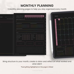 May include: A digital monthly planner set featuring a dark theme with pink outlines and text. The layout includes a monthly calendar view, a vision page, and a reflection page with sections for goals, habits, and to-do lists on a tablet screen.