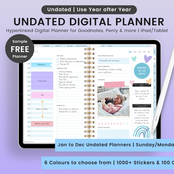 Ongedateerde digitale planner | Hyperlinked digitale planner | GoodNotes-planner | Notabiliteitsplanner | iPad-planner | Ongedateerde planner | Dagelijks
