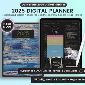 2025 Dark Mode Planner, 2025 Planner, Digital Planner, Dark Mode Planner, Hyperlinked Digital Planner, Digital Portrait Planner, Dark Mode