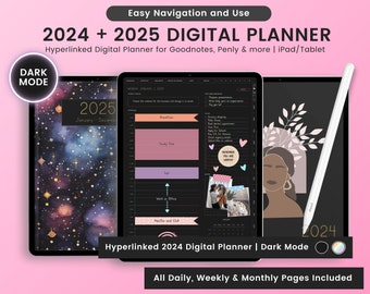 2024 2025 Dark Mode Digital Planners, 2024 2025 Digital Planner, Dark Mode Planner, Hyperlinked Digital Planner, Digital Portrait Planner