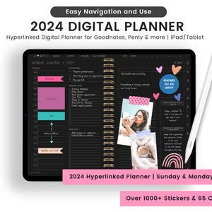 2024 Dark Mode Digital Planner, 2024 Digital Planner, Dark Mode Dated 2024 Planner, Hyperlinked Digital Planner, Dark Mode 2024 Planner