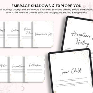 May include: A digital workbook with a white background and gold glitter accents. The workbook is divided into sections with titles such as "Limiting Beliefs", "Emotions", "Behaviors Patterns", "Introduction to Self", "Acceptance & Healing", "Self Care", "Personal Growth", "Relationships", and "Inner Child".