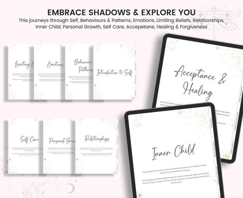 May include: A digital workbook with a white background and gold glitter accents. The workbook is divided into sections with titles such as "Limiting Beliefs", "Emotions", "Behaviors Patterns", "Introduction to Self", "Acceptance & Healing", "Self Care", "Personal Growth", "Relationships", and "Inner Child".