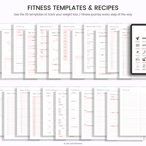 May include: A set of 25 printable fitness templates and recipes to help track your weight loss or fitness journey. The templates include a mood tracker, period tracker, 30-day challenge, goal planner, medication tracker, to-do list, grocery list, recipe log, fitness log, weekly food diary, wellness tracker, monthly value tracker, running log, and step tracker. The templates are in black and white with pink accents.