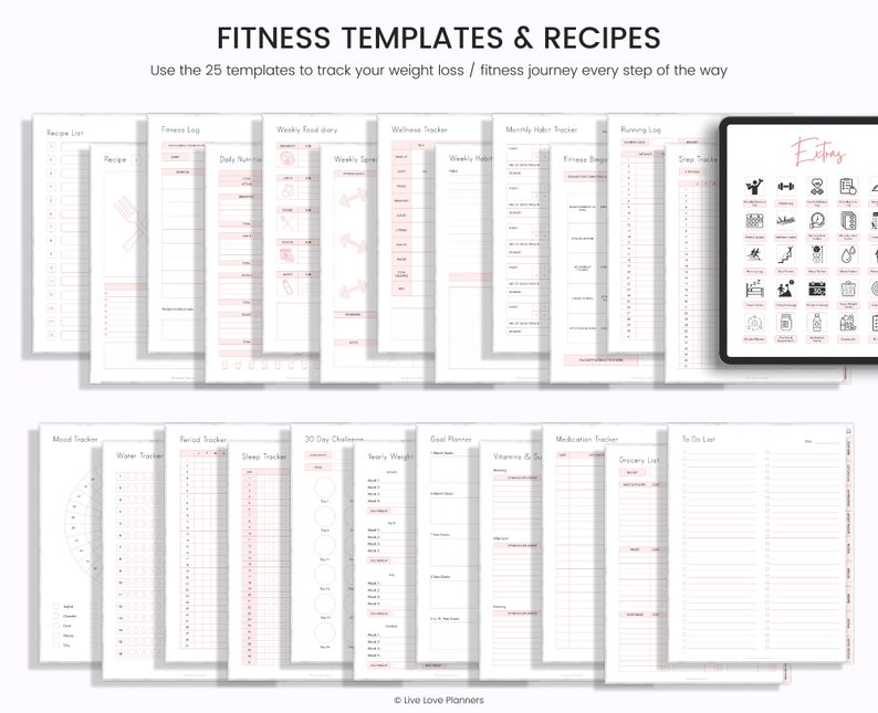 May include: A set of 25 printable fitness templates and recipes to help track your weight loss or fitness journey. The templates include a mood tracker, period tracker, 30-day challenge, goal planner, medication tracker, to-do list, grocery list, recipe log, fitness log, weekly food diary, wellness tracker, monthly value tracker, running log, and step tracker. The templates are in black and white with pink accents.