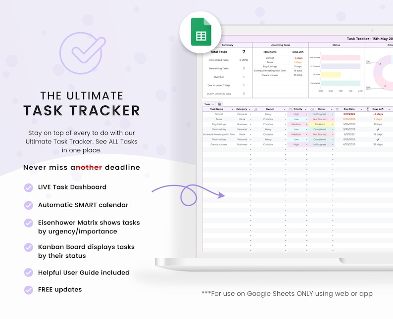 Task Highlights Google Sheets Task Tracker, Digital Planning Spreadsheet, Smart ...