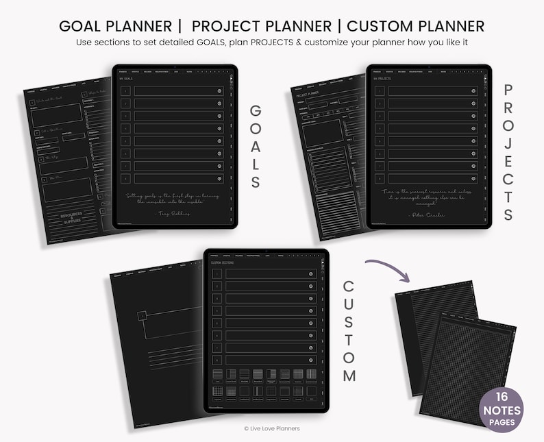 May include: A digital planner with three different sections: Goals, Projects, and Custom. Each section has a black background with white lines and text. The text in the Goals section says "Setting goals is the first step in turning the invisible into the visible." The text in the Projects section says "Time is the most precious resource and unless it is managed wisely, nothing can be accomplished." The text in the Custom section says "Live Love Planners".