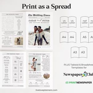 May include: A wedding newspaper template with the headline "Print as a Spread." The design includes sample layouts, photos, and text, with options for US Letter, A4, A5, and A3 sizes. The text includes "The Wedding Times."