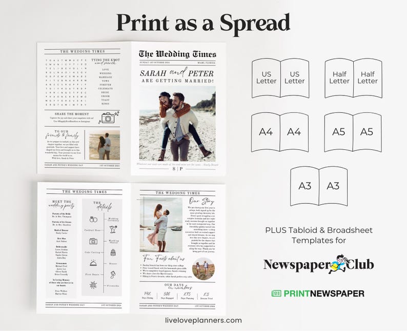 May include: A wedding newspaper template with the headline "Print as a Spread." The design includes sample layouts, photos, and text, with options for US Letter, A4, A5, and A3 sizes. The text includes "The Wedding Times."