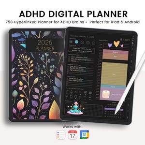 2025-2026 ADHD Digital Planner: Dark Mode, Wellness & Goal Tracking (Goodnotes, Notability Compatible)