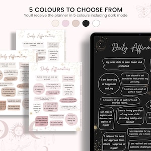 May include: A digital planner with daily affirmations in five different colors, including a dark mode option. The affirmations are written in a white font on a black background with a celestial design. The text includes phrases like "My inner child is safe, loved, and protected" and "I am deserving of happiness and joy."