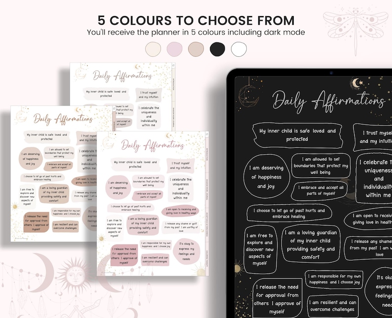 May include: A digital planner with daily affirmations in five different colors, including a dark mode option. The affirmations are written in a white font on a black background with a celestial design. The text includes phrases like "My inner child is safe, loved, and protected" and "I am deserving of happiness and joy."