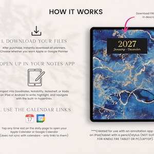 May include: A digital planner display showing a blue and gold marble cover with the text 2027 January - December. The graphic includes instructions labeled HOW IT WORKS, detailing steps to download files, open in a notes app, and use calendar links.