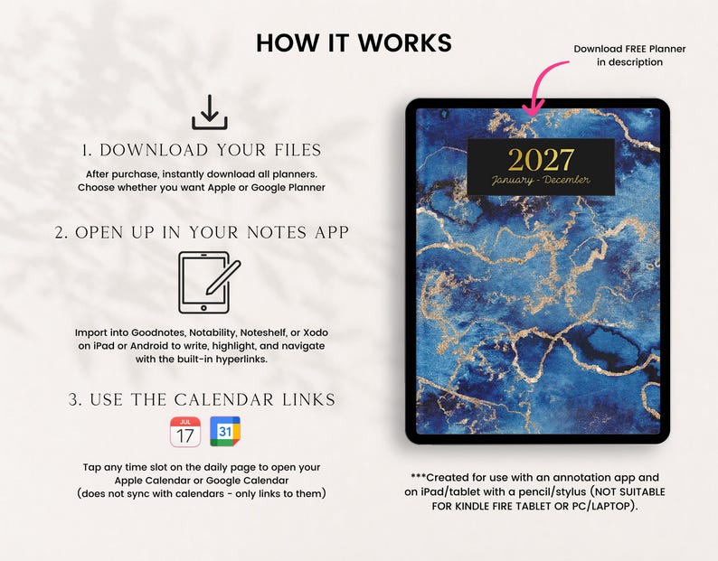 May include: A digital planner display showing a blue and gold marble cover with the text 2027 January - December. The graphic includes instructions labeled HOW IT WORKS, detailing steps to download files, open in a notes app, and use calendar links.