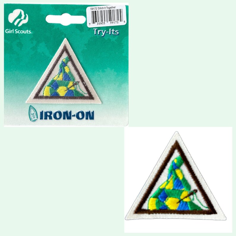 May include: Iron-on patch for Girl Scouts featuring a triangular design with a green, yellow, and blue pattern. The patch says "Try-Its" and "Stach It Together" on the packaging.