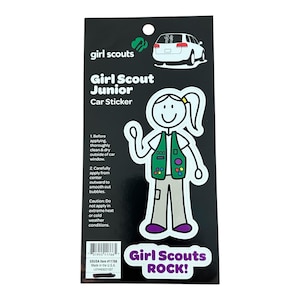 May include: A black and white sticker of a Girl Scout Junior wearing a green vest with colorful badges. The sticker says "Girl Scouts ROCK!" and includes instructions for applying the sticker.