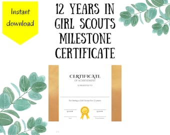 12 Years in Girl Scouts Certificate for Graduating Ambassador Scouts