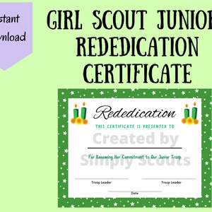 Girl Scout Junior Rededication Certificate for Rededication Ceremonies