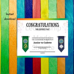 Girl Scout Junior to Cadette Bridging Ceremony Certificate Instant Download PDF