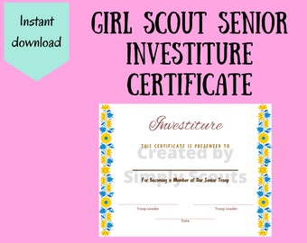 Girl Scout Senior Investiture Certificate for Investiture Ceremony