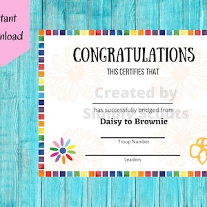Girl Scout Daisy to Brownie Bridging Ceremony Certificate Instant Download PDF
