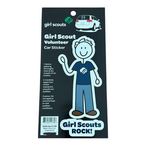 May include: A white car sticker featuring a stick figure wearing a blue Girl Scout volunteer shirt. The sticker says "Girl Scout Volunteer Car Sticker" and "Girl Scouts ROCK!"