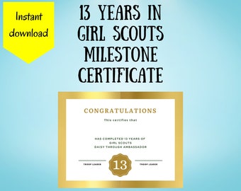 Certificat de 13 ans d'expérience dans les éclaireuses pour les éclaireuses ambassadrices diplômées