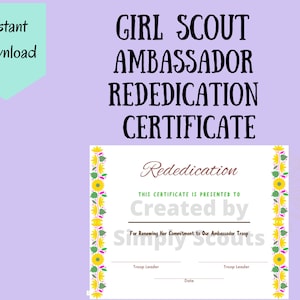 Girl Scout Ambassador Rededication Certificate for Rededication Ceremony
