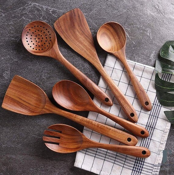 Traditional 6 Pieces Wooden Utensil Set Nonstick Wood Etsy
