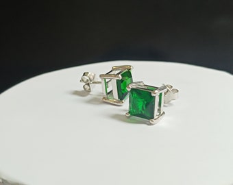 Stud Earrings, 4.00 Ct Princess Cut Emerald Stud Earrings 14k White Gold Plated Sterling Silver, For Christmas Gift Stud