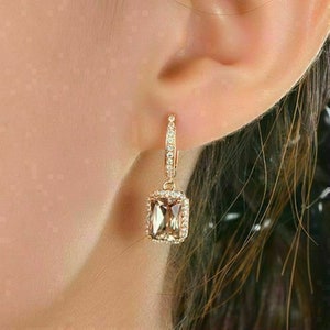 4.80 Cts Morganite Emerald Cut and White Diamond Dangle Drop Earring For Women, 14K Yellow Gold Plated Dangle & Drop Earring Gift For Her