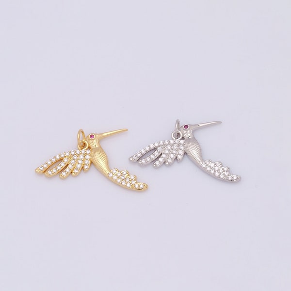 Gold Bird Pendant, 18K Gold Filled Hummingbird Charm, Bird Necklace, Micropavé CZ Animal Charm, DIY Jewelry Supplies, 25.5x26.5x1.8mm