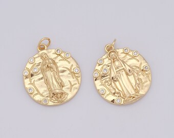 Colgante Virgen, Collar Madonna, Encanto Religioso Lleno de Oro de 18K, Encanto Virgen Micropavé CZ, Suministros de Joyería DIY, 25.5x20x3.5mm