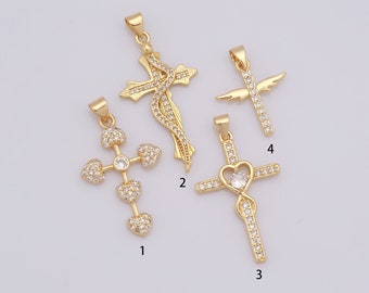 Dijes de cruz de oro, colgante de cruz CZ relleno de oro de 18K, collar de pulsera con dijes de Jesús religioso para suministro de joyería DIY