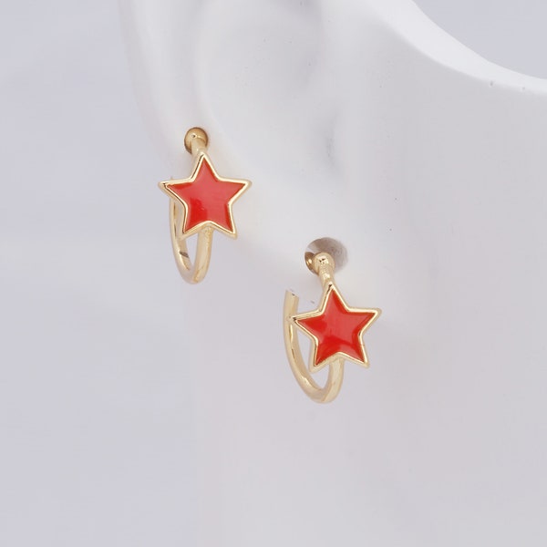 Gold Star Clip Earring,18K Gold Filled Line Pentagram Ear,Clip On Earrings For Women, Enamel Earring,Gift for Her,12x11x7mm